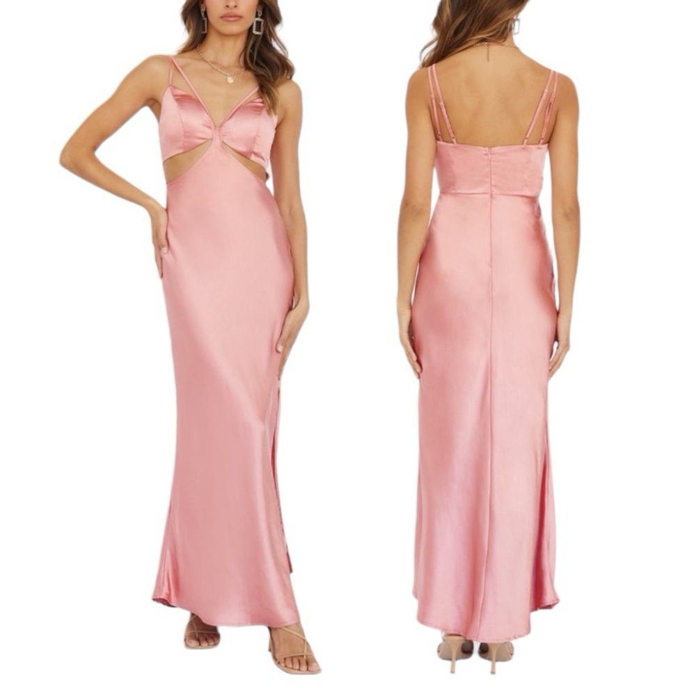 NEW Satin Double Strap Sleeveless Cut-Out Waist Leg Slit Maxi Dress Coral Pink S